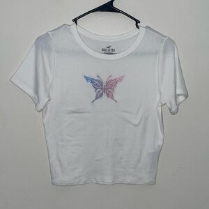 Hollister White Pink Butterfly Crop Tee